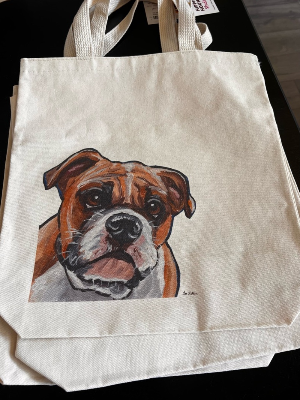 Canvas Dog Tote Bag with Brown Boxer Artwork - Beige